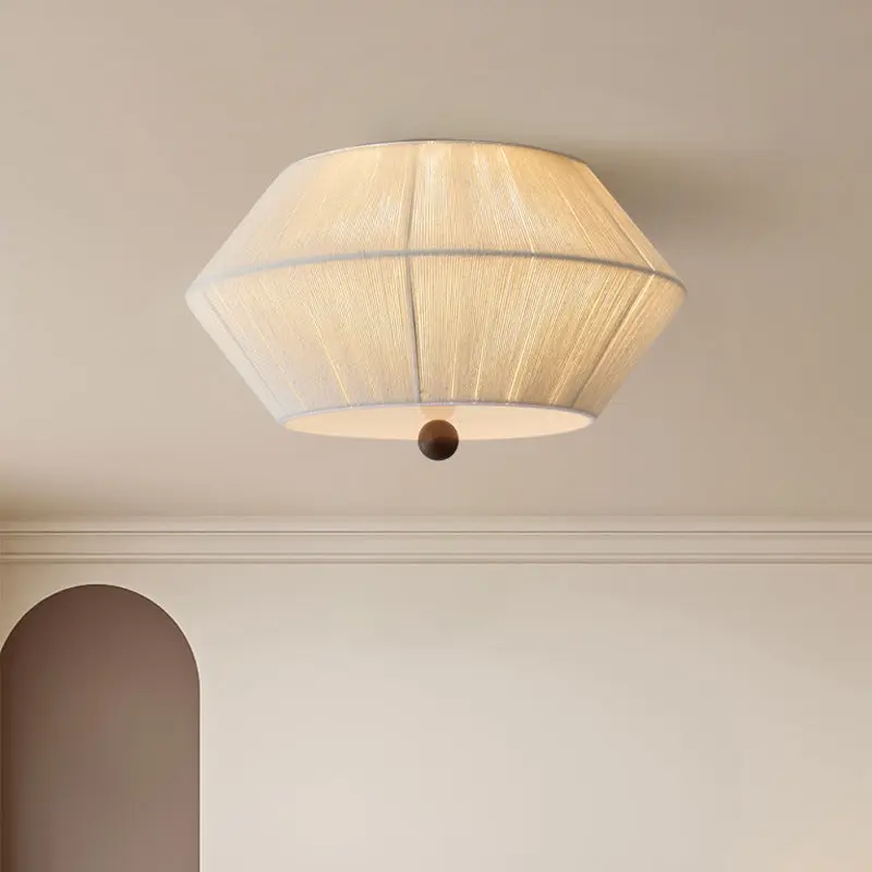 Traditional French Flying Saucer Shape Hemp Rope Wood 3-Light Flush Mount Ceiling Light For Living Room