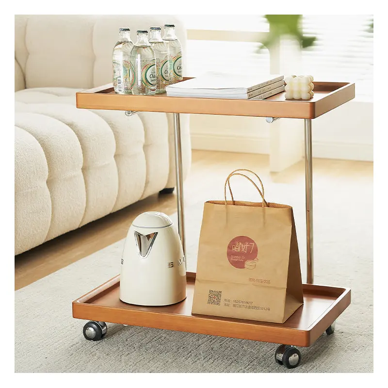 Modern Minimalist Square Wood Metal End Table Two Tier Wheels For Living Room