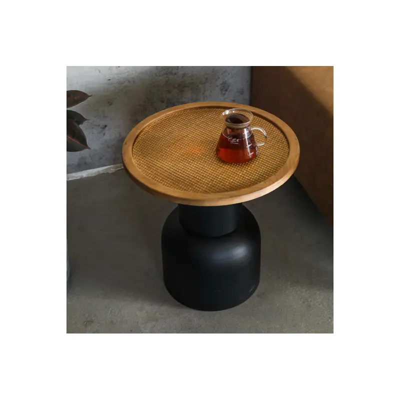 Traditional Vintage Round Cylinder Iron Rattan Wood End Table For Living Room