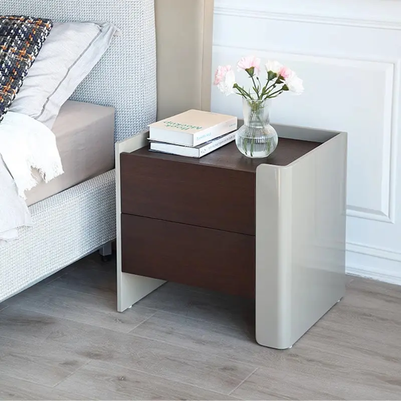 Contemporary Simplicity Square MDF Wood Grain Side Table 2-Drawer For Living Room
