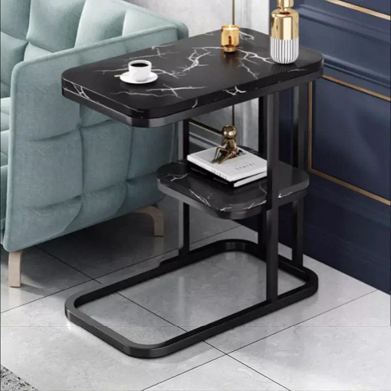 Modern Luxury Rectangular Faux Panel Metal Side Table 2-Tier For Living Room