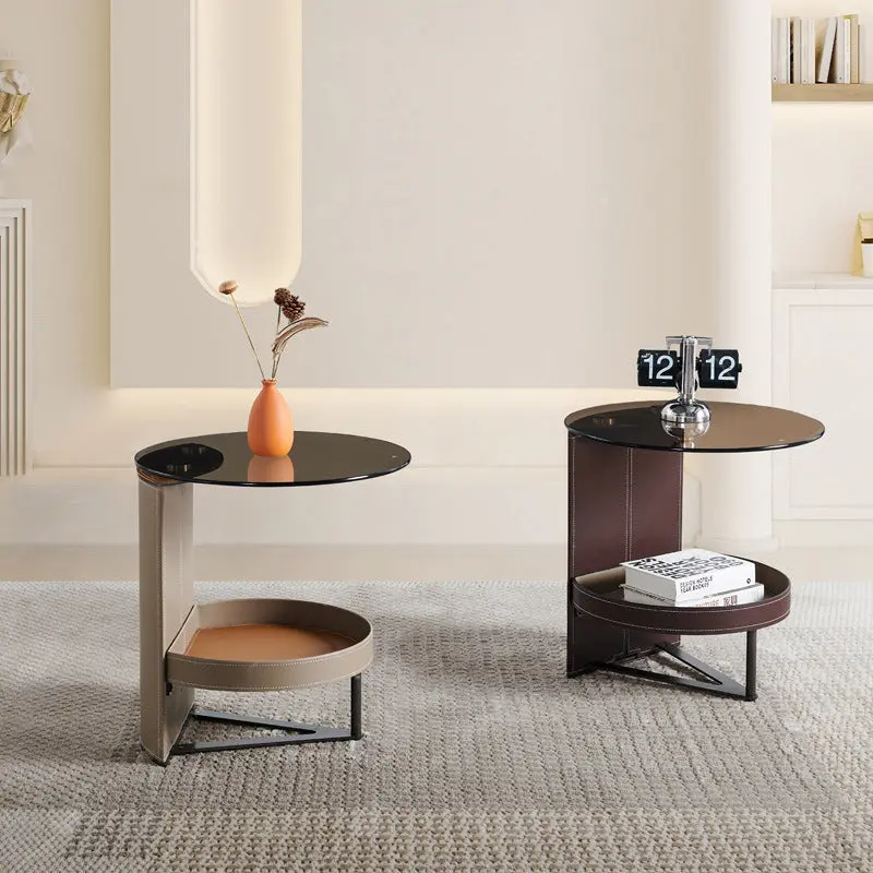 Modern Minimalist Round Rectangle Triangle Base Glass Saddle Leather Metal End Table 1-Storage For Living Room