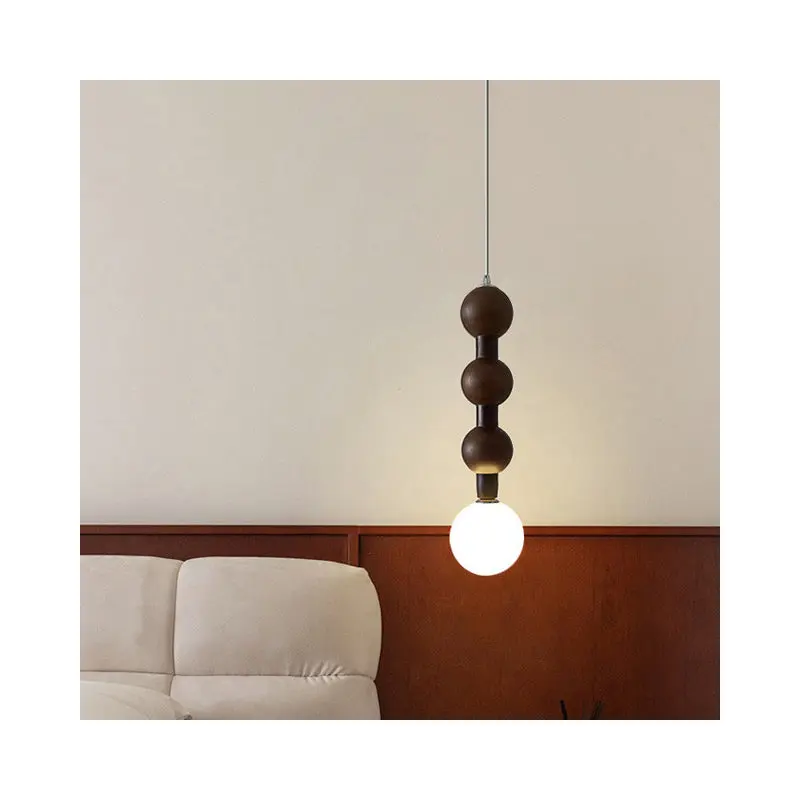 Traditional Vintage Round Bead String Orb Solid Wood Glass 1-Light Pendant Light For Bedroom