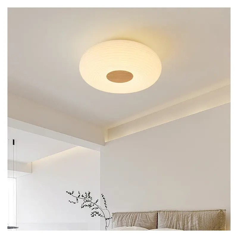 Traditional Japanese Hardware PE Round Wood Grain LED Flush Mount Ceiling Light For Living Room