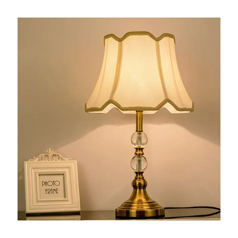 Traditional Vintage Drum Shape Crystal Ball Imitation Copper Fabric 1-Light Table Lamp For Living Room