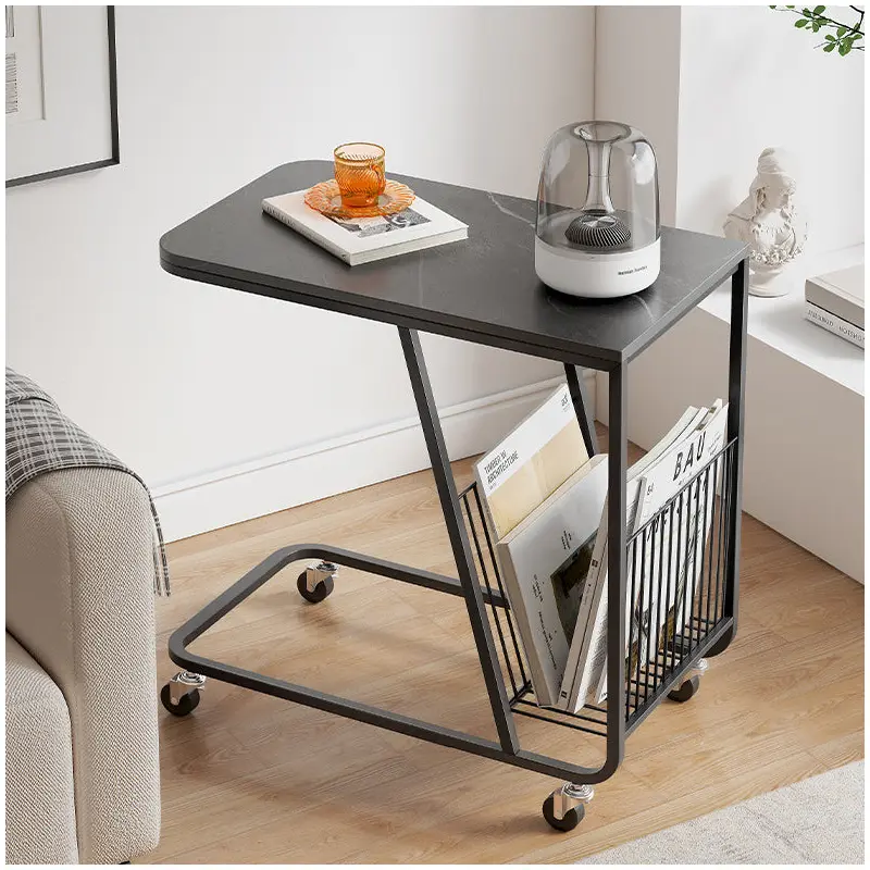 Contemporary Nordic Rounded Corner Sintered Stone Top Movable Side Table 2-Tier Storage Shelves For Living Room