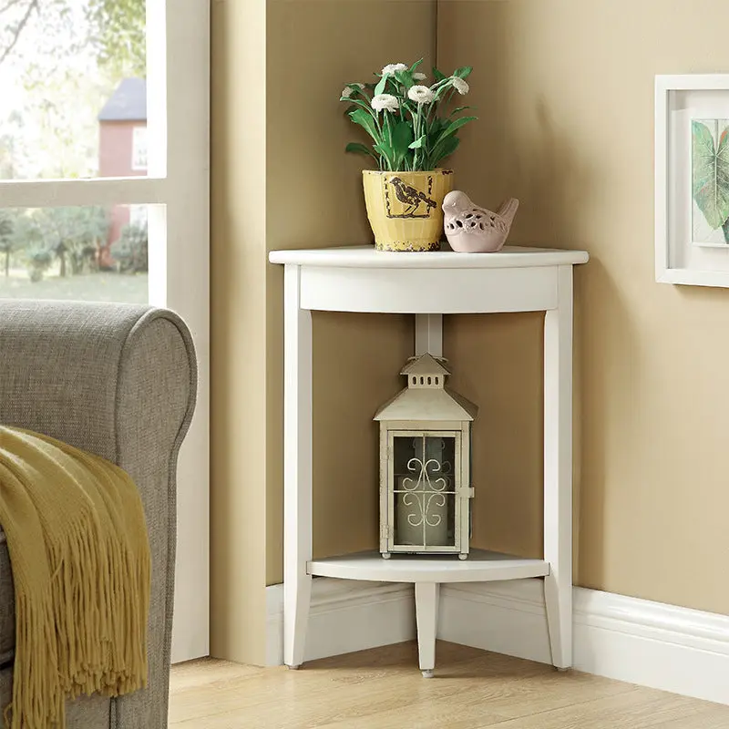 Contemporary Retro Triangle Rubber Wood Side Table 2-Tier For Living Room