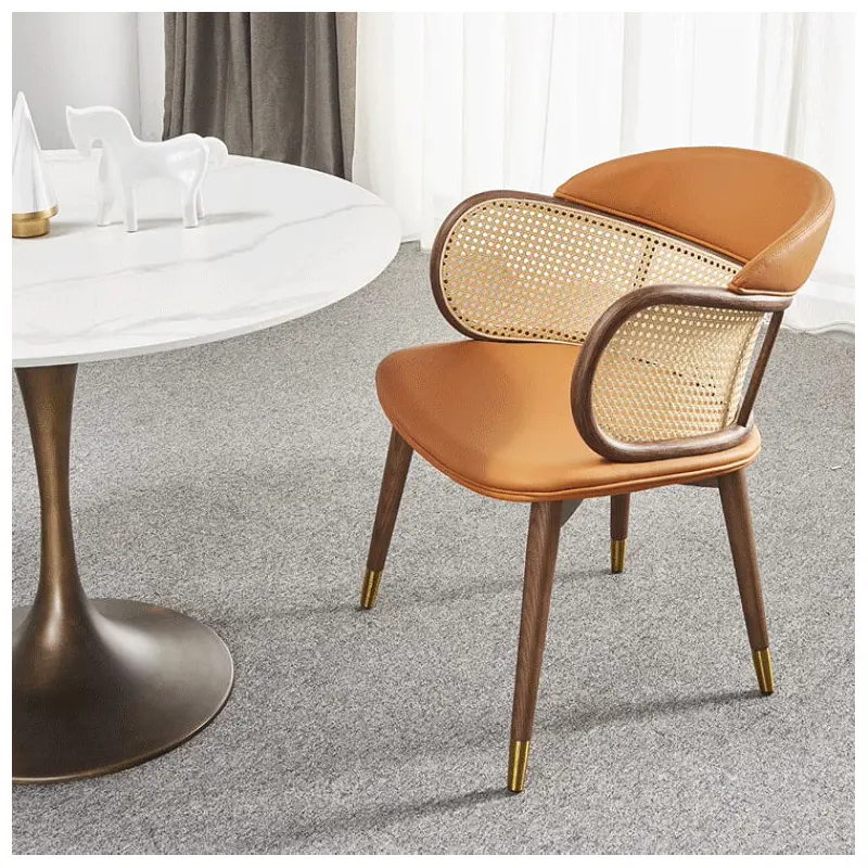 Contemporary Nordic Square Leather Rattan Wood Stainless Steel Chair For Living Room