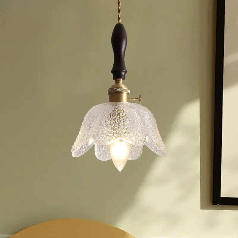Traditional Vintage Round Pod Glass Shade Full Copper Wood 1-Light Pendant Light For Living Room