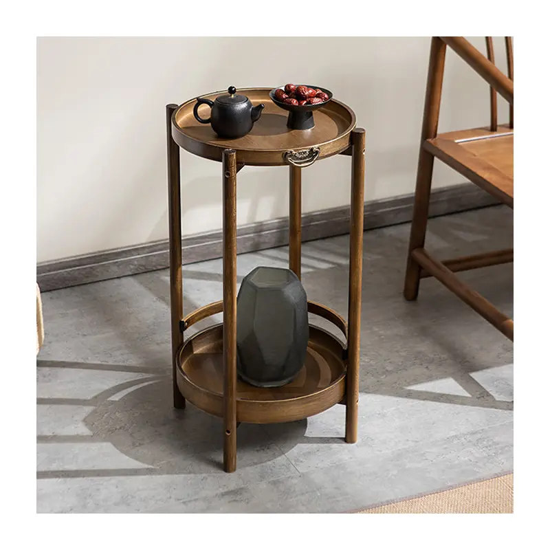 Traditional Chinese Round Bamboo Tray Top End Table 2-Tier For Living Room
