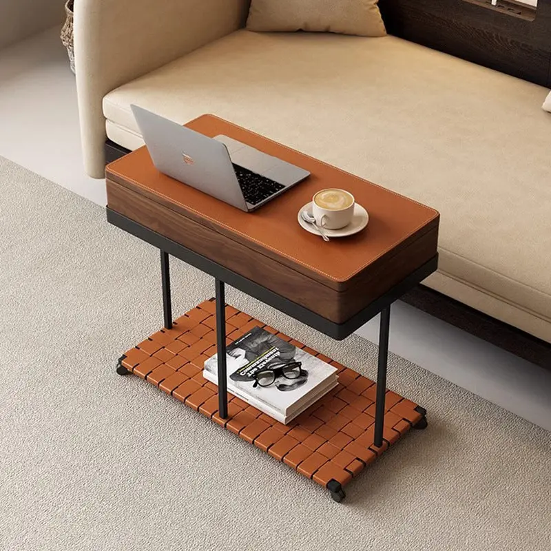 Modern Minimalist Removable Rectangular Iron Saddle Leather Solid Wood End Table 1-Storage For Living Room