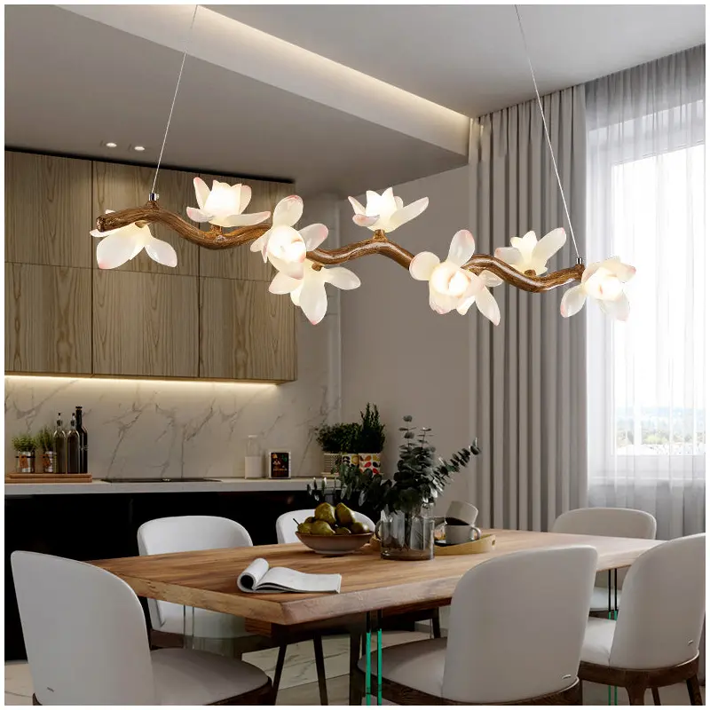 Traditional Vintage Resin Branch Lotus Petal Glass Shade 7/9/11/13-Light Chandelier Island Light For Living Room