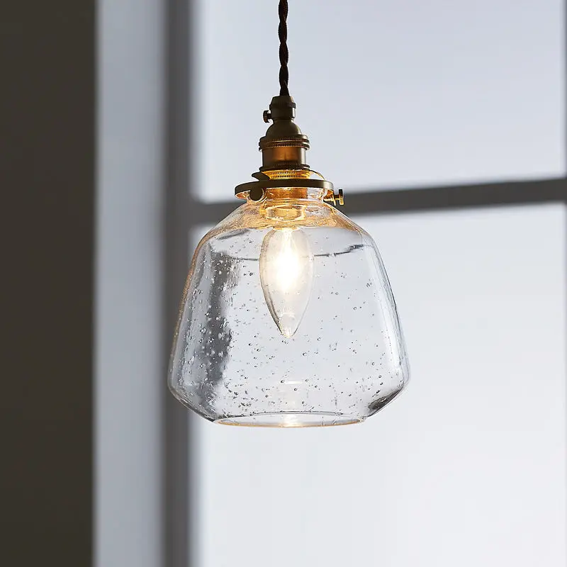 Traditional Vintage Round Cup Shape Bubble Glass Shade Brass 1-Light Pendant Light For Living Room