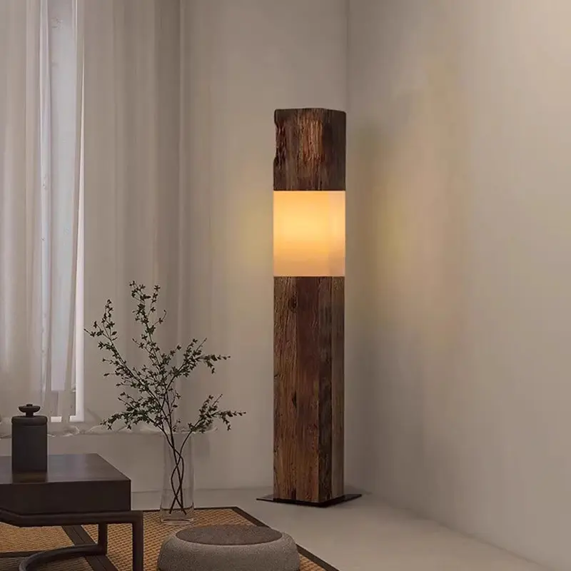 Vintage Solid Wood LED Floor Lamp  Distressed Rectangular Pillar Design for Living Room