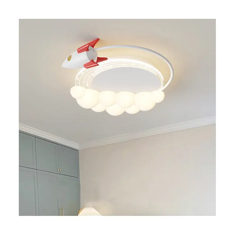 Contemporary Creative Cartoon Kids Rocket Arc Cloud Iron Resin LED Flush Mount Ceiling Light For Bedroom