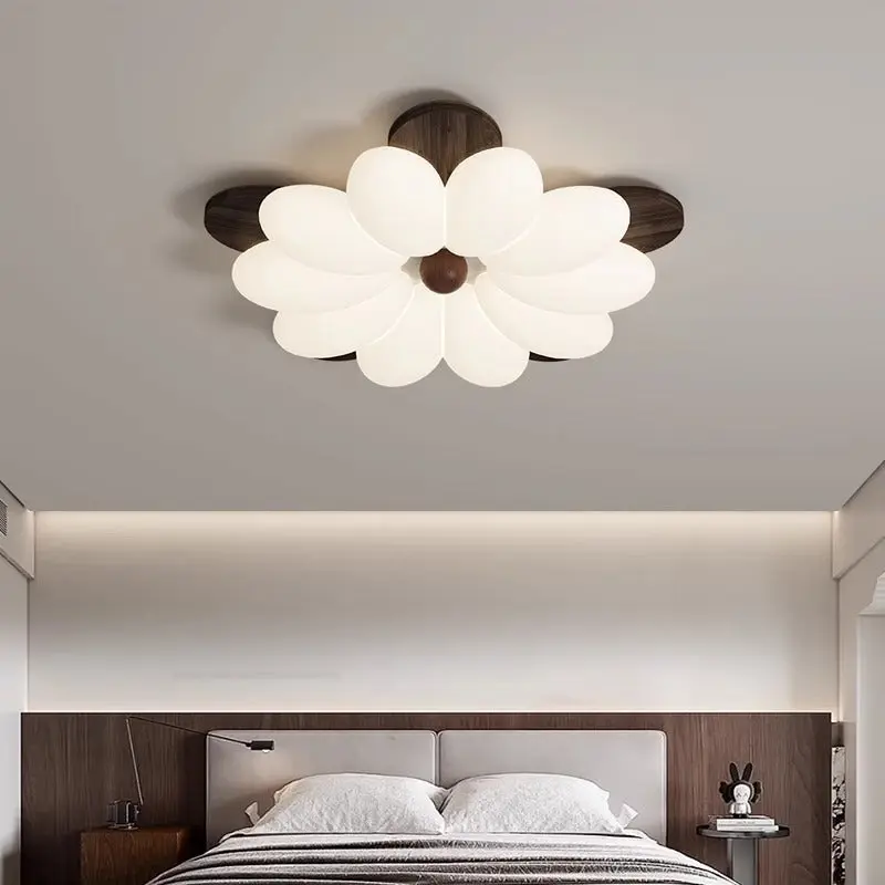Traditional Vintage Flower Petal Iron Wooden Acrylic LED Flush Mount Ceiling Light For Bedroom