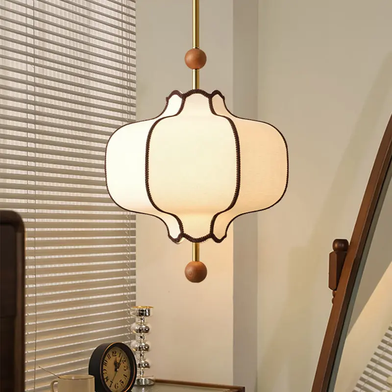 Traditional Vintage Hexagonal Curved Ash Wood Fabric Hardware 1/3 Light Pendant Light For Bedroom