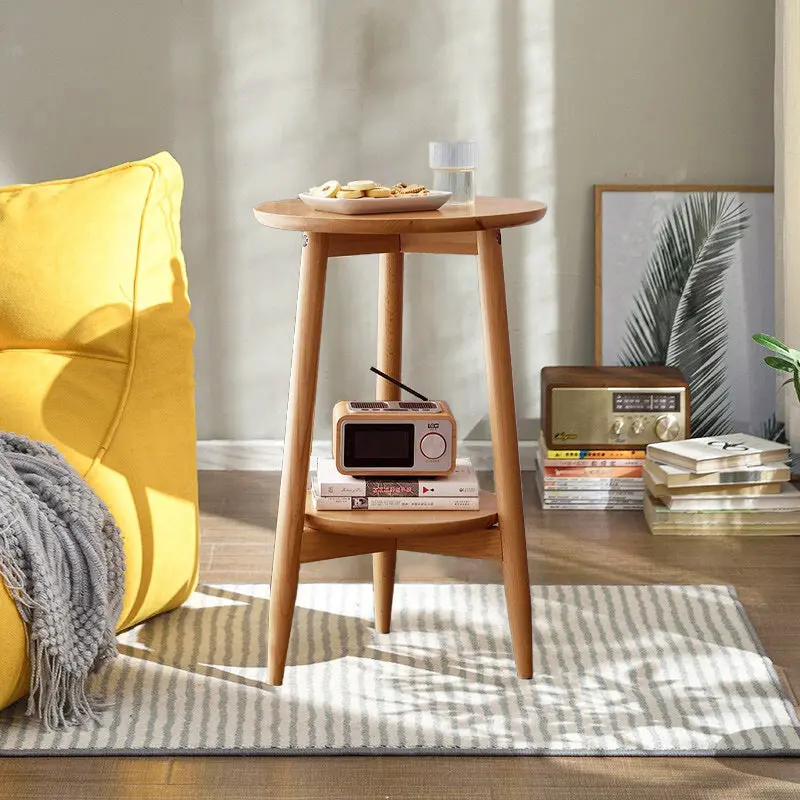 Contemporary Scandinavian Round Tabletop Solid Wood Side Table 1-Shelf For Living Room