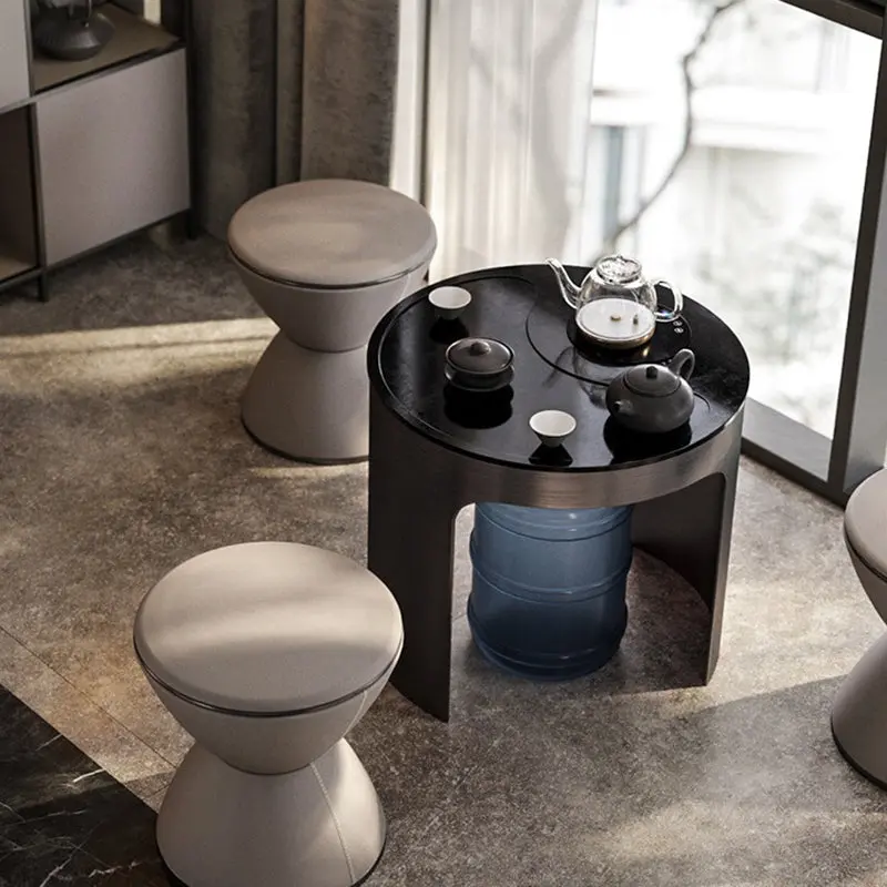 Modern Minimalist Round Hourglass Shape Microfiber Leather Stainless Steel Low Stool For Living Room