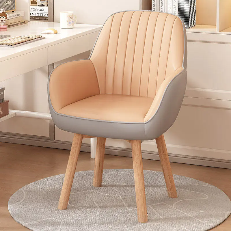 Contemporary Nordic Curved Faux Leather Wood Legs Swivel Desk Chair Backrest Armrest For Home Office