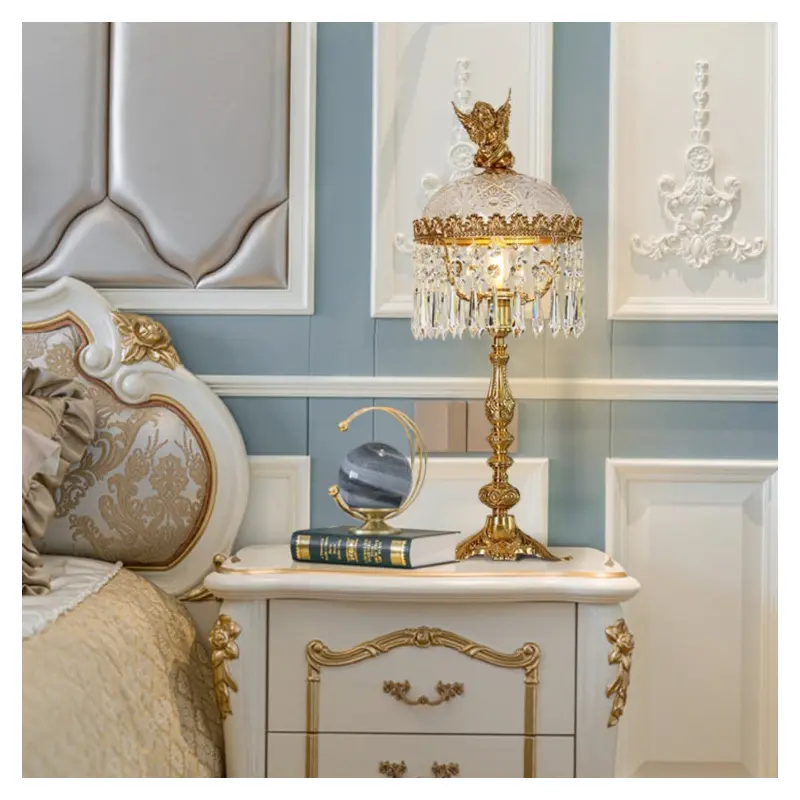 Contemporary Creative Antique Brass Carved Base Glass Crystal Shade 1-Light Table Lamp For Study