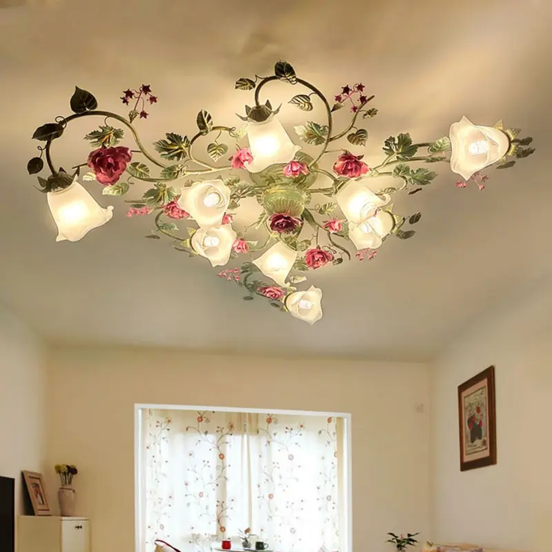 Traditional French Branch Simulation Rose Flower Glass Shade Iron Frame 9-Light Flush Mount Ceiling Light For Living Room