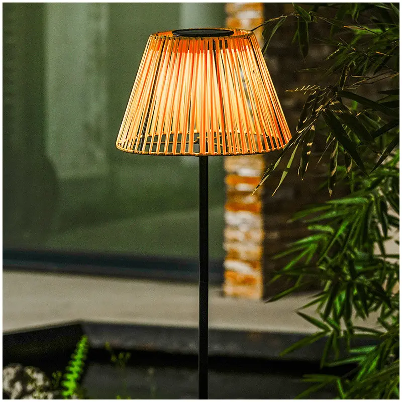 Traditional Japanese Solar Rechargeable Waterproof Conic Weaving Iron ABS LED Outdoor Standing Floor Lamp For Garden