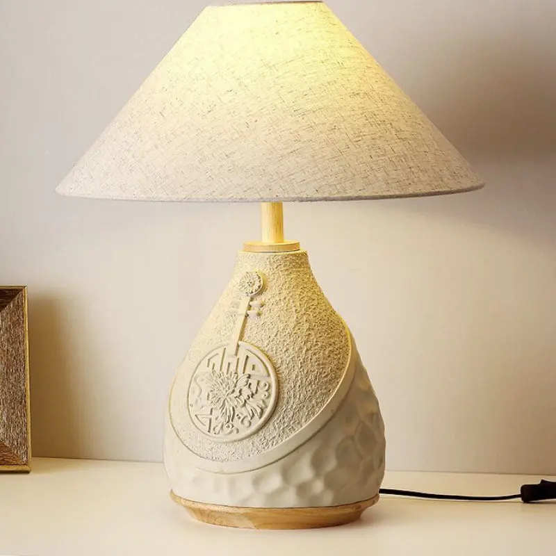 Traditional Vintage Cement Fabric Conic Flower Carved Pot 1-Light Table Lamp For Bedside