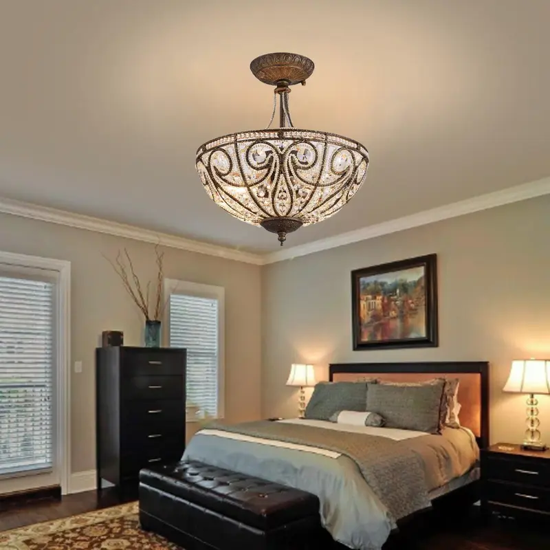 Traditional Vintage Round Iron Crystal 3-Light Chandelier For Living Room