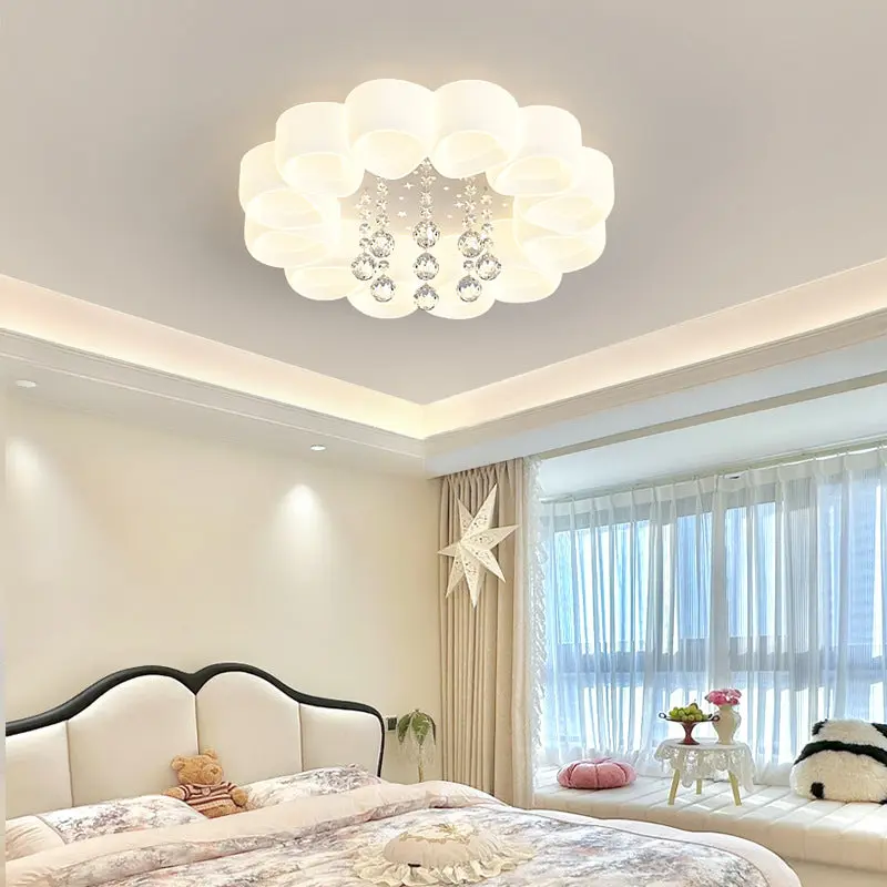 Contemporary Creative Cream Round Shell Petal Moon Star Iron Acrylic PE Crystal LED Flush Mount Ceiling Light For Bedroom