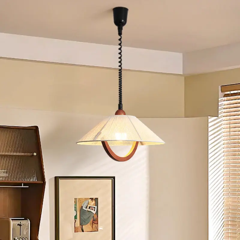 Traditional Vintage Round Table Curved Line Liftable Wooden Fabric 1-Light Pendant Light For Living Room