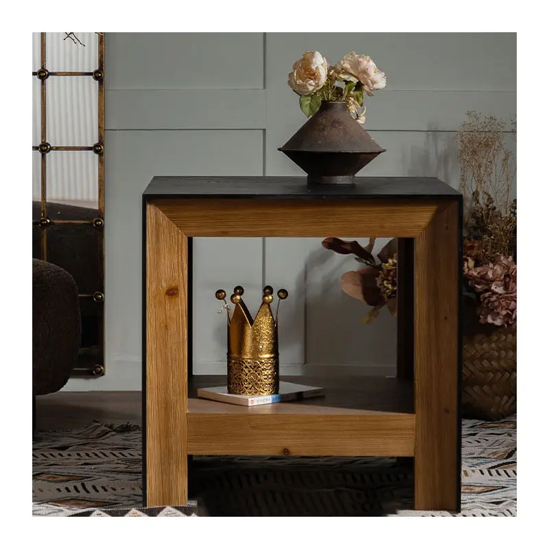 Traditional Vintage Square Frame Solid Wood MDF Veneer Side Table 1-Shelf For Living Room