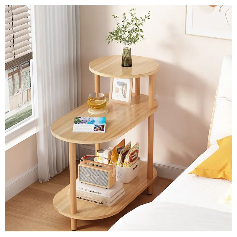 Modern Minimalist Round Oval Plank Solid Wood End Table 3-Tier For Living Room