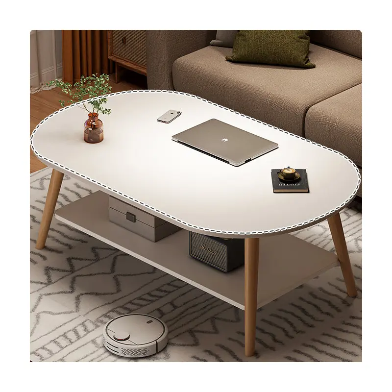 Modern Minimalist Round Rectangle Solid Wood End Table 2-Tier For Living Room