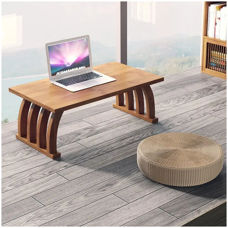 Traditional Japanese Rectangle Curved Heather Bamboo End Table 1-Tier For Living Room