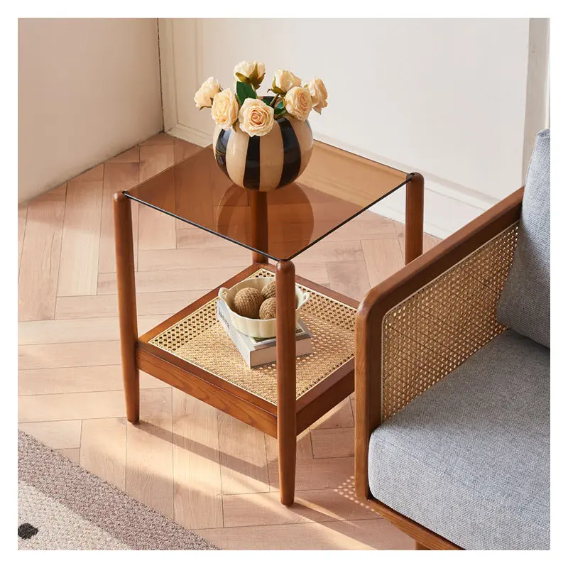 Traditional Japanese Weaving Square Ash Wood Glass End Table 2-Tier For Living Room
