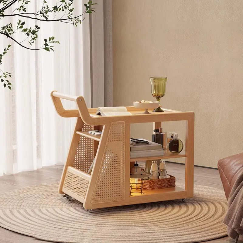 Traditional Farmhouse Weaving Rectangular Trolley Rubber Wood End Table 2-Tier For Living Room