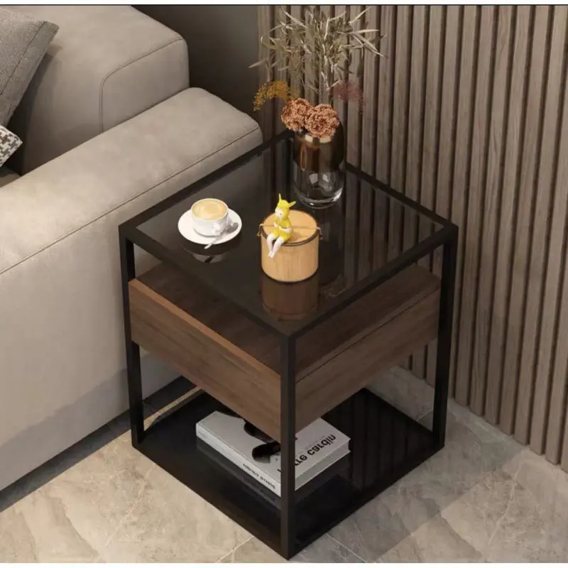 Modern Minimalist Square Reinforced Glass Slab Iron End Table 2-Tier For Living Room