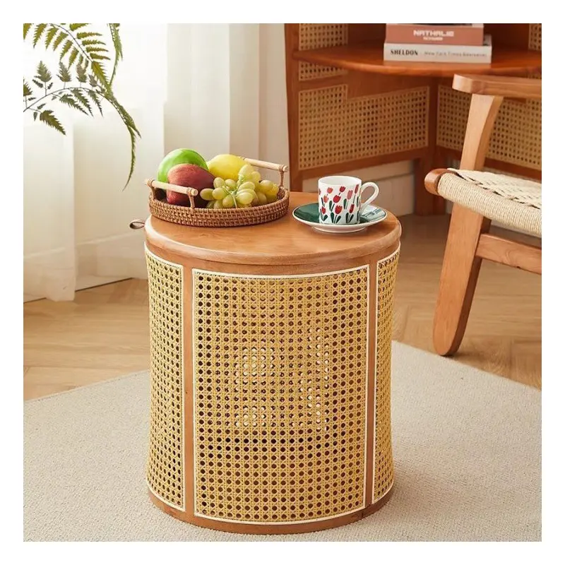 Traditional Japanese Weaving Round Cylinder Rubber Wood Imitation Rattan End Table 1-Storage With Cover For Living Room