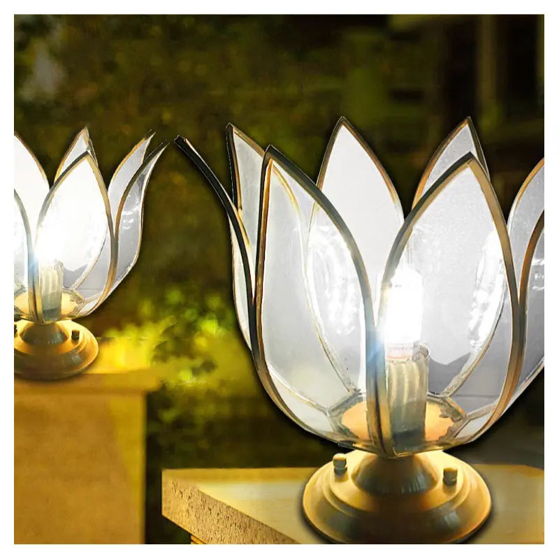 Contemporary Creative Lotus Glass Shade Copper Base 1-Light Outdoor Post Light For Garden