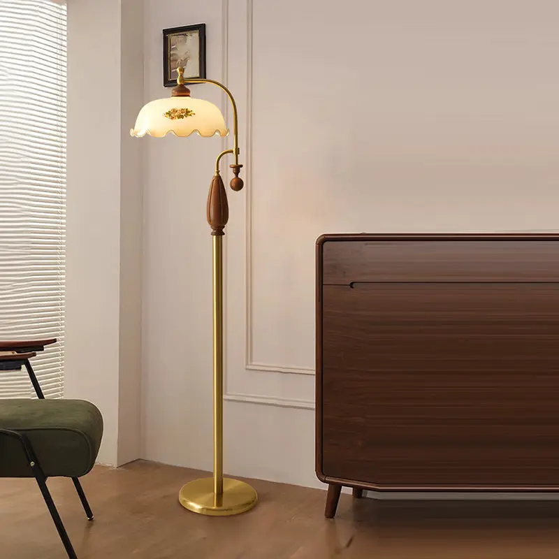 Traditional Chinese Floor Lamp  1-Light Dome Glass Shade with Ash Wood & Metal Frame for Living Room