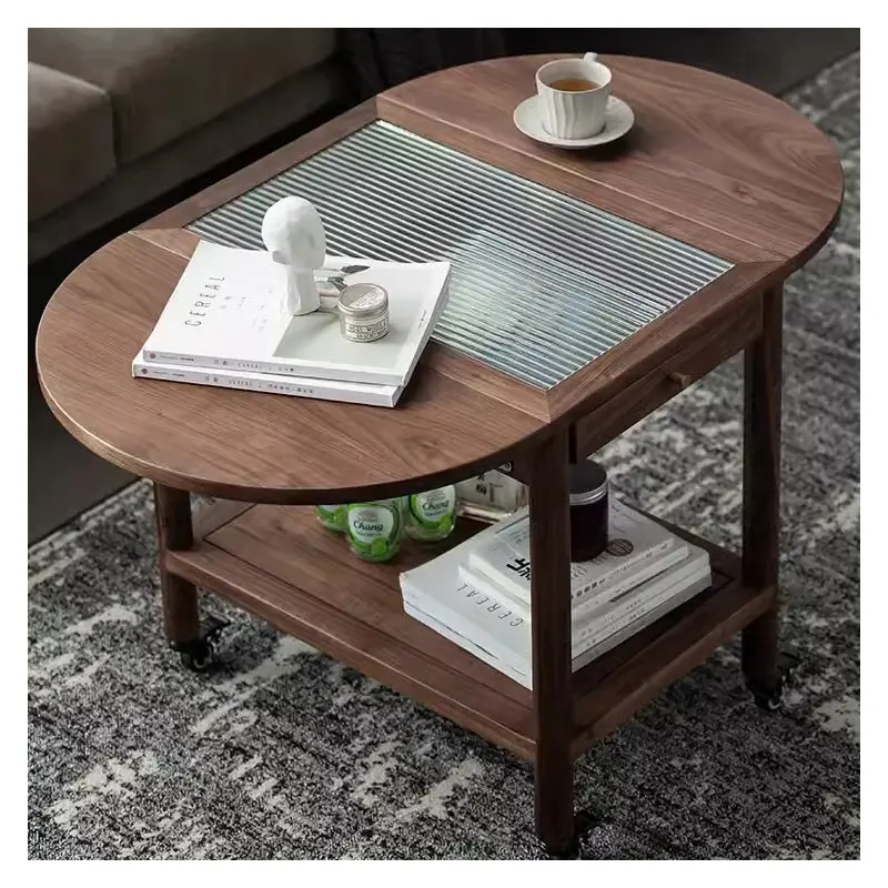 Modern Minimalist Oval Tabletop Solid Wood Metal Glass Side Table 1-Drawer For Living Room