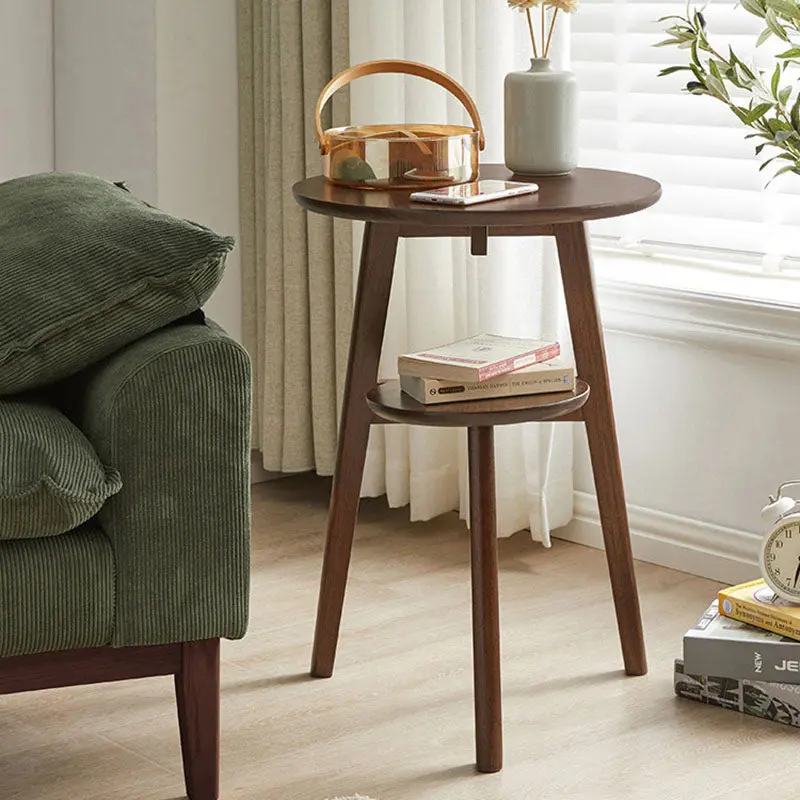 Modern Minimalist Round Tabletop Solid Wood End Table 2-Tier For Living Room