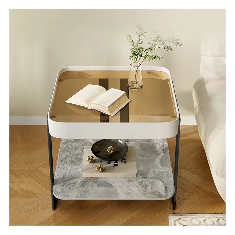 Modern Simplicity Square Slab Reinforced Glass Iron End Table 2-Tier For Living Room