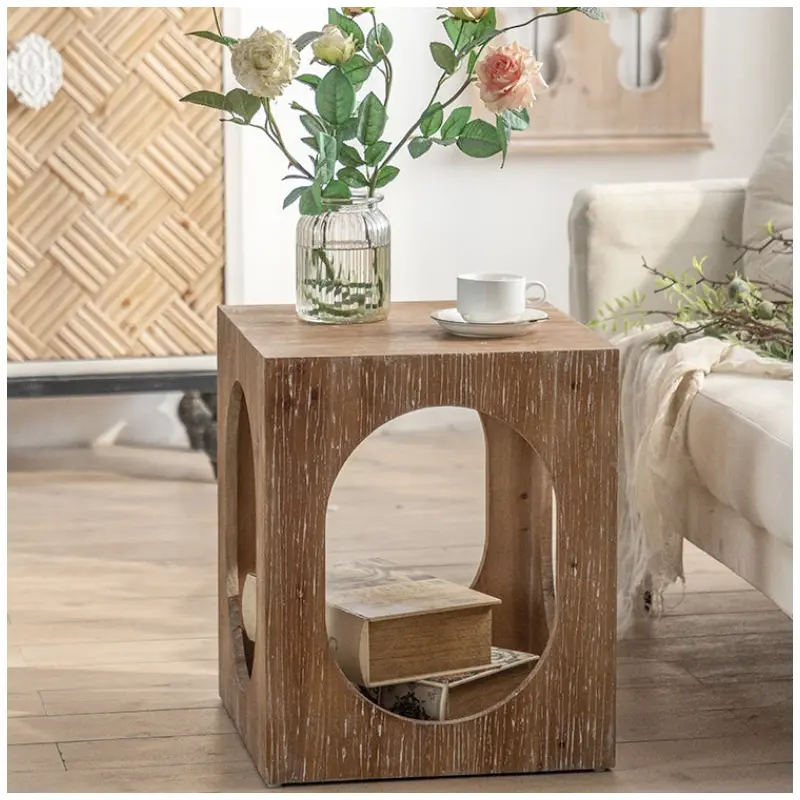 Traditional Japanese Square Wood End Table 2-Tier For Living Room