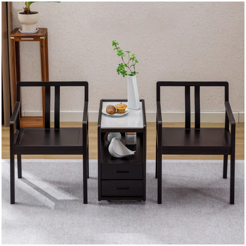 Traditional Vintage Square Tabletop Solid Wood Rock Slab Side Table 1-Shelf For Living Room