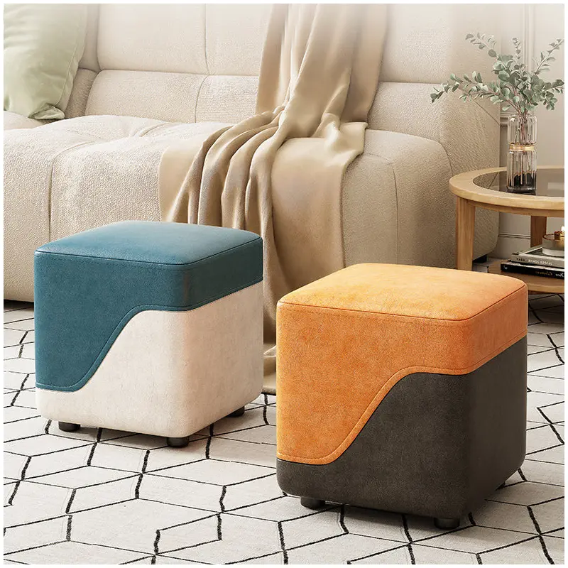 Modern Minimalist Square Napa Leather Solid Wood Low Stool Backless Armless For Living Room