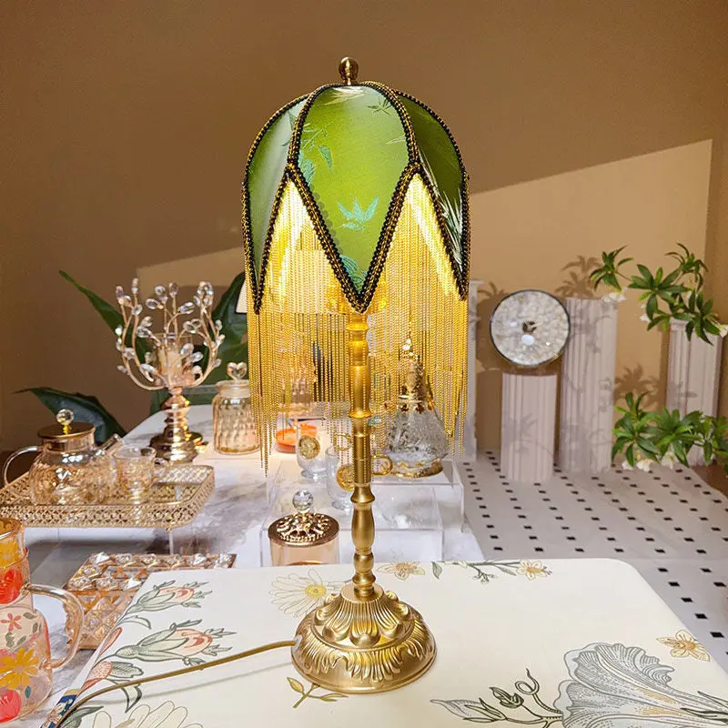 Traditional Vintage Half Round Tassel Bamboo Leaf Pattern Iron Fabric 1-Light Table Lamp For Bedroom