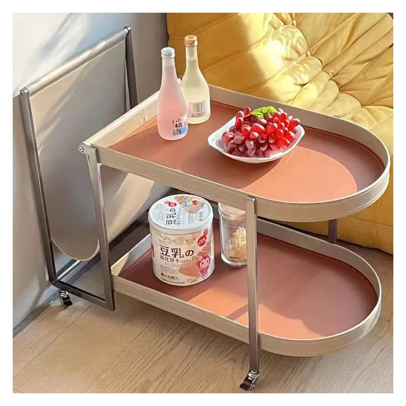 Modern Minimalist Removable Rectangular Round Corner Leather Metal End Table 2-Tier For Living Room