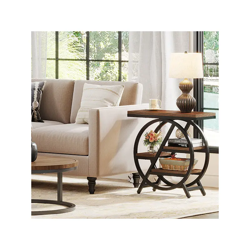 Traditional Vintage Round Rectangular PVC Metal Side Table 4-Tray For Living Room